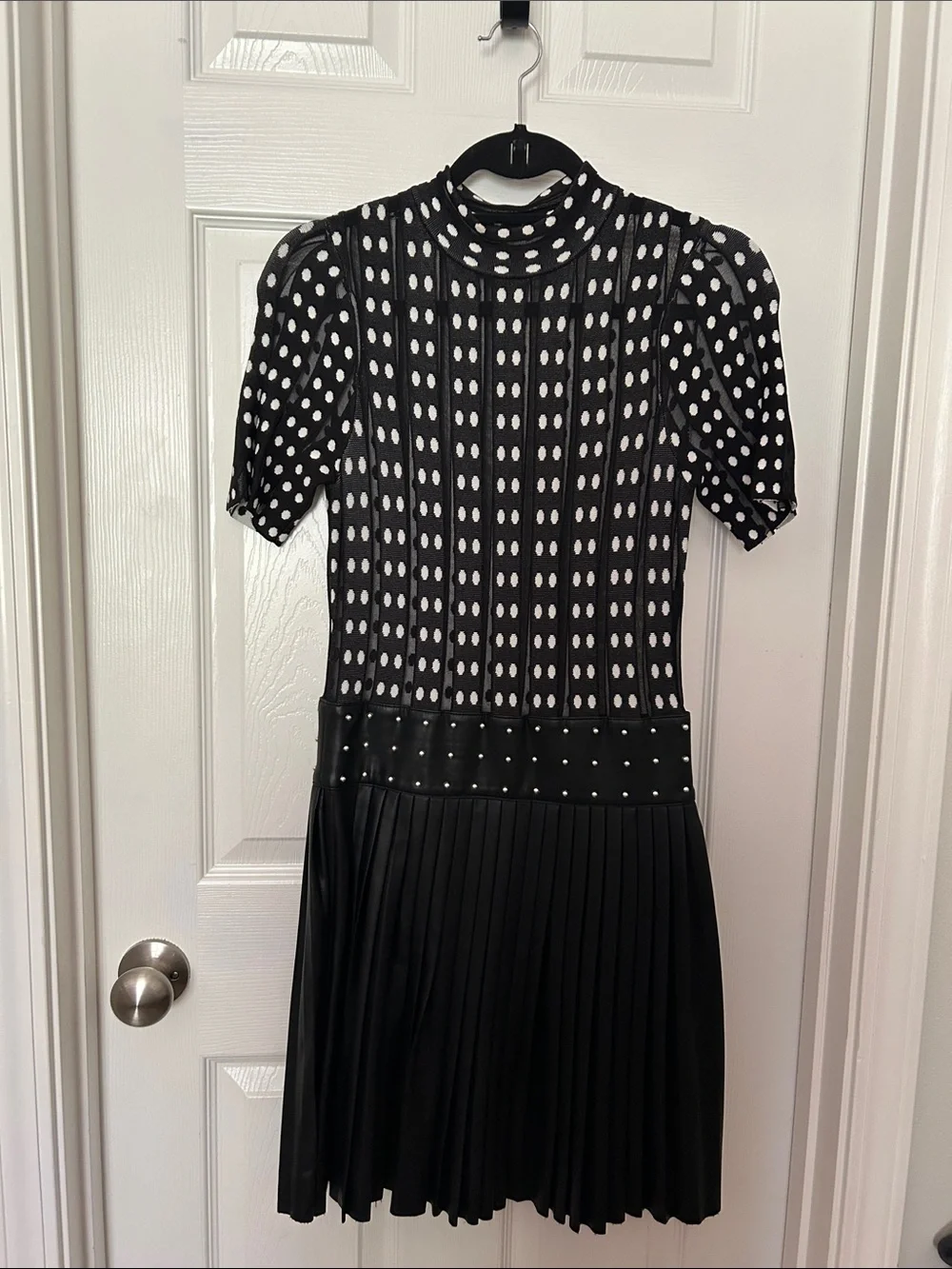 Karen Millen Shear Knit Black and White Polka Dot Pleated Leather Midi Dress